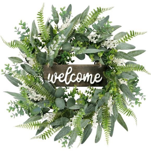 Green Artificial Eucalyptus Wreath with Welcome Sign 20in Mixed White Berries - Picture 1 of 7